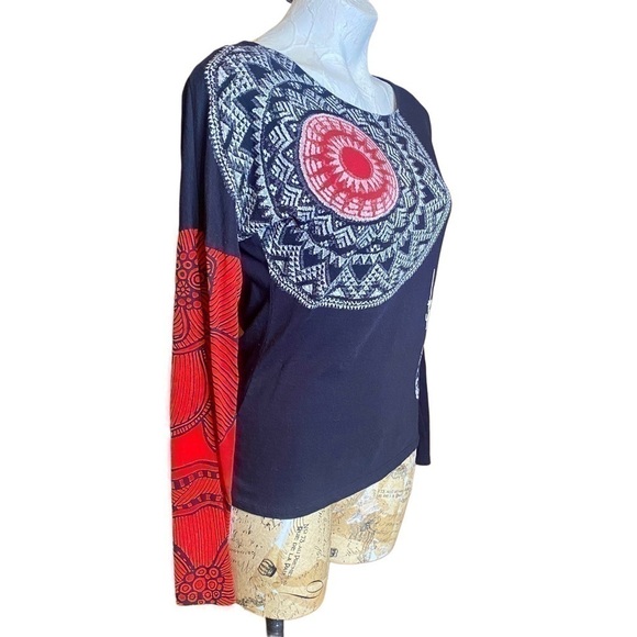 Desigual Floral Geometric Artsy Knit Green Print Long Sleeve Graphic Top Medium - Picture 3 of 9